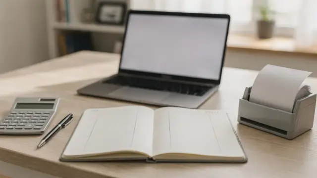 Buchführungs-Setup mit Notizbuch, Taschenrechner und Belegen für Selbstständige