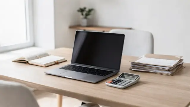 Homeoffice mit Laptop, Belegen und Ordnern zum Thema Bonität selbstständige