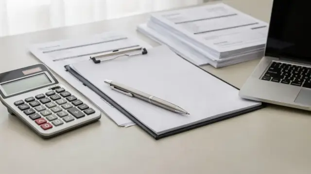 Büro mit Rechner, Clipboard und Unterlagen zur Gutschrift-Erstellung und Rechnungskorrektur