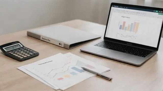 Businessplan für Förderung und Finanzierung mit Finanzunterlagen, Laptop und Taschenrechner auf dem Schreibtisch