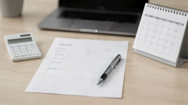 Schreibtisch mit Formular, Kalender und Rechner zum Thema Gewerbe anmelden Frist