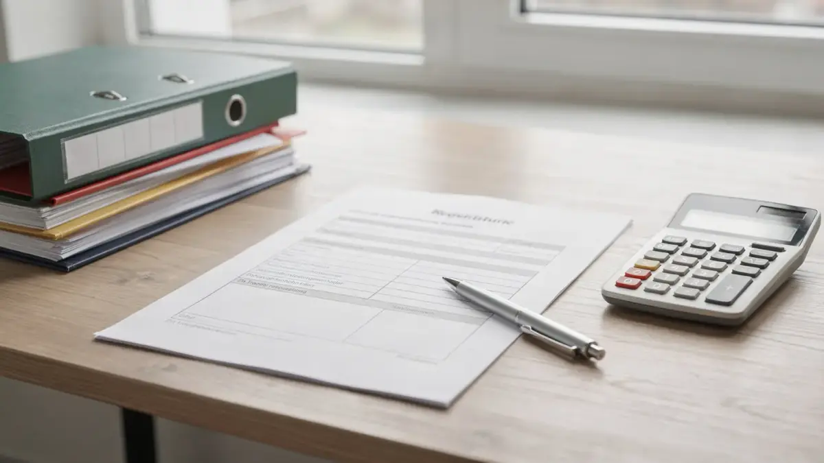 Büro mit Formular zur Gewerbeanmeldung, Stift und Ordnern zum Thema Gewerbe zu spät anmelden
