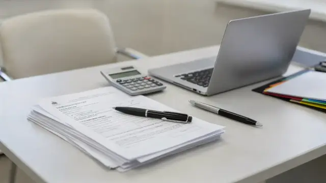 Unterlagen zur Gewerbeanmeldung beim Finanzamt auf einem Schreibtisch